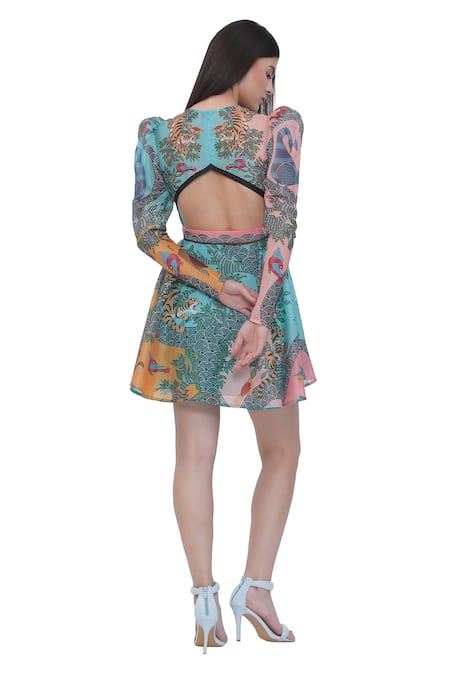 Shop_Limerick By Abirr N' Nanki_Multi Color Organza Round Neck Floral Print Puff Sleeve Dress And Belt _at_Aza_Fashions