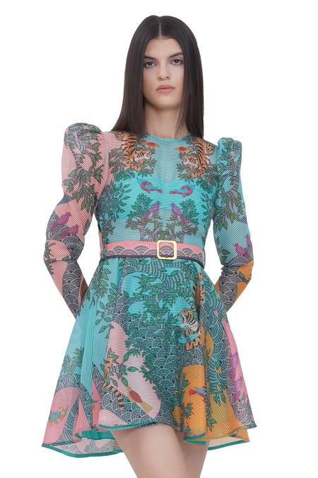 Limerick By Abirr N' Nanki_Multi Color Organza Round Neck Floral Print Puff Sleeve Dress And Belt _at_Aza_Fashions