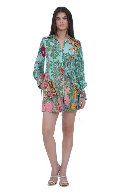Limerick By Abirr N' Nanki Blue Crepe Collared Floral Print Shirt Online at Aza Fashions Limerick By Abirr N' Nanki_Blue Crepe Collared Floral Print Shirt _Online_at_Aza_Fashions