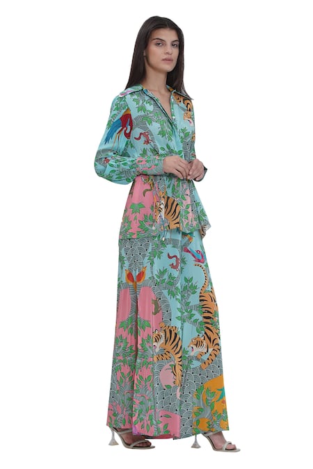 Limerick By Abirr N' Nanki Blue Crepe Collared Floral Print Shirt at Aza Fashions Limerick By Abirr N' Nanki_Blue Crepe Collared Floral Print Shirt _at_Aza_Fashions