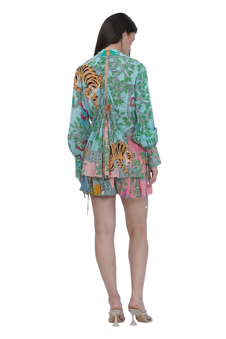 Shop Limerick By Abirr N' Nanki Blue Crepe Tropical Print Shorts at Aza Fashions Shop_Limerick By Abirr N' Nanki_Blue Crepe Tropical Print Shorts _at_Aza_Fashions