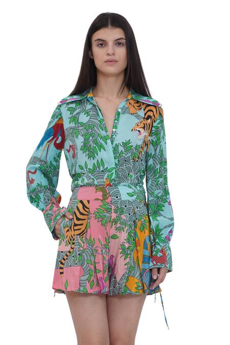 Limerick By Abirr N' Nanki Blue Crepe Tropical Print Shorts Online at Aza Fashions Limerick By Abirr N' Nanki_Blue Crepe Tropical Print Shorts _Online_at_Aza_Fashions