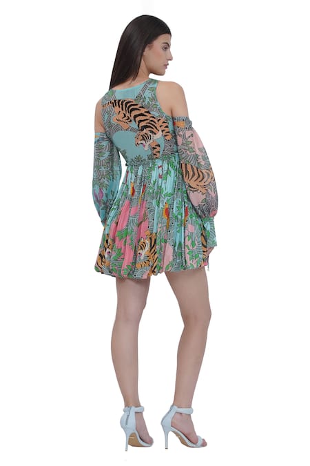 Shop_Limerick By Abirr N' Nanki_Multi Color Crepe, Organza Split V-neck Floral Print Cold Shoulder Dress _at_Aza_Fashions