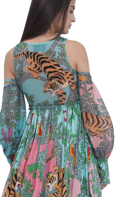 Shop_Limerick By Abirr N' Nanki_Multi Color Crepe, Organza Split V-neck Floral Print Cold Shoulder Dress _Online_at_Aza_Fashions