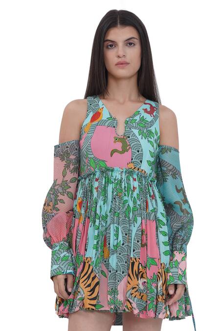 Limerick By Abirr N' Nanki_Multi Color Crepe, Organza Split V-neck Floral Print Cold Shoulder Dress _at_Aza_Fashions
