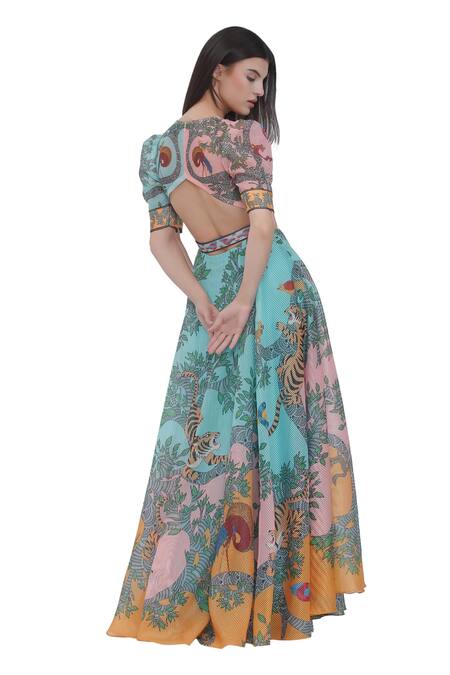 Shop Limerick By Abirr N' Nanki Multi Color Organza V-neck Printed Maxi Dress With Belt at Aza Fashions Shop_Limerick By Abirr N' Nanki_Multi Color Organza V-neck Printed Maxi Dress With Belt _at_Aza_Fashions