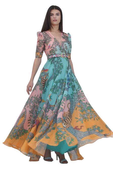 Limerick By Abirr N' Nanki Multi Color Organza V-neck Printed Maxi Dress With Belt Online at Aza Fashions Limerick By Abirr N' Nanki_Multi Color Organza V-neck Printed Maxi Dress With Belt _Online_at_Aza_Fashions