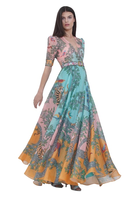 Buy Limerick By Abirr N' Nanki Multi Color Organza V-neck Printed Maxi Dress With Belt Online at Aza Fashions Buy_Limerick By Abirr N' Nanki_Multi Color Organza V-neck Printed Maxi Dress With Belt _Online_at_Aza_Fashions