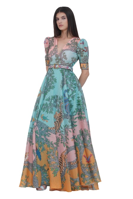Shop Limerick By Abirr N' Nanki Multi Color Organza V-neck Printed Maxi Dress With Belt Online at Aza Fashions Shop_Limerick By Abirr N' Nanki_Multi Color Organza V-neck Printed Maxi Dress With Belt _Online_at_Aza_Fashions