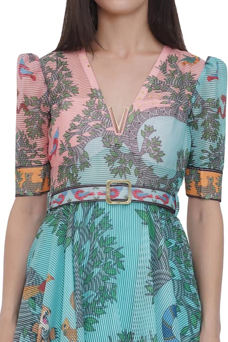 Limerick By Abirr N' Nanki Multi Color Organza V-neck Printed Maxi Dress With Belt at Aza Fashions Limerick By Abirr N' Nanki_Multi Color Organza V-neck Printed Maxi Dress With Belt _at_Aza_Fashions