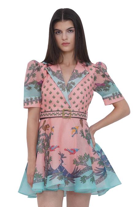 Limerick By Abirr N' Nanki Multi Color Organza Embroidery Collared Multicolor Dress With Belt Online at Aza Fashions Limerick By Abirr N' Nanki_Multi Color Organza Embroidery Collared Multicolor Dress With Belt _Online_at_Aza_Fashions