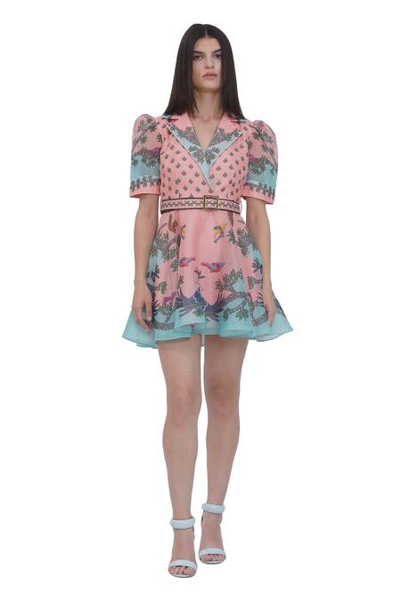 Shop Limerick By Abirr N' Nanki Multi Color Organza Embroidery Collared Multicolor Dress With Belt Online at Aza Fashions Shop_Limerick By Abirr N' Nanki_Multi Color Organza Embroidery Collared Multicolor Dress With Belt _Online_at_Aza_Fashions