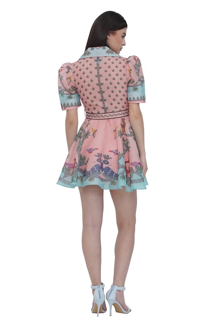 Shop Limerick By Abirr N' Nanki Multi Color Organza Embroidery Collared Multicolor Dress With Belt at Aza Fashions Shop_Limerick By Abirr N' Nanki_Multi Color Organza Embroidery Collared Multicolor Dress With Belt _at_Aza_Fashions