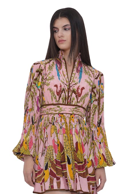 Limerick By Abirr N' Nanki_Multi Color Crepe Embroidery High Neck Multicolor Designer Dress _at_Aza_Fashions