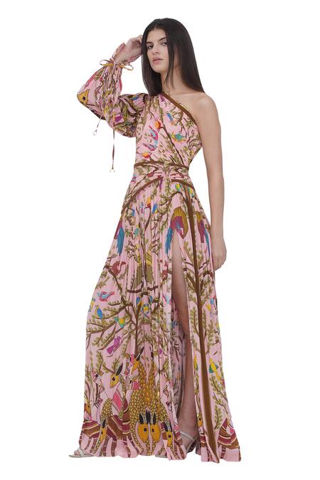Limerick By Abirr N' Nanki_Multi Color Crepe One Shoulder Multicolor Printed Maxi Dress _Online_at_Aza_Fashions