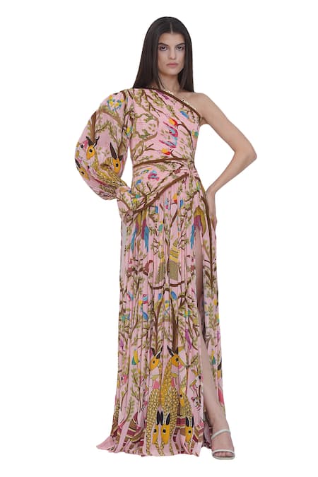 Shop_Limerick By Abirr N' Nanki_Multi Color Crepe One Shoulder Multicolor Printed Maxi Dress _Online_at_Aza_Fashions