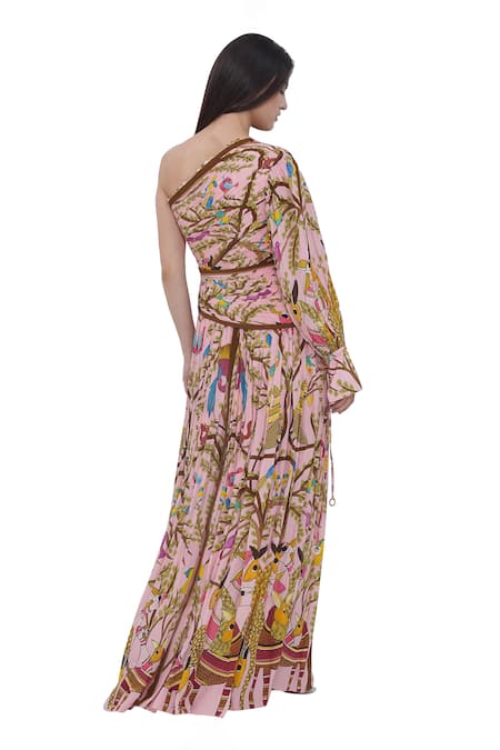 Shop_Limerick By Abirr N' Nanki_Multi Color Crepe One Shoulder Multicolor Printed Maxi Dress _at_Aza_Fashions