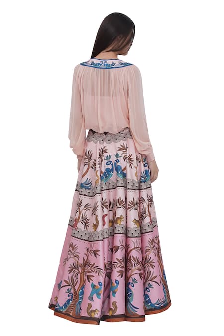 Shop_Limerick By Abirr N' Nanki_Blush Georgette, Satin Embroidery Round Neck Multicolor Scallop Textured Top _at_Aza_Fashions