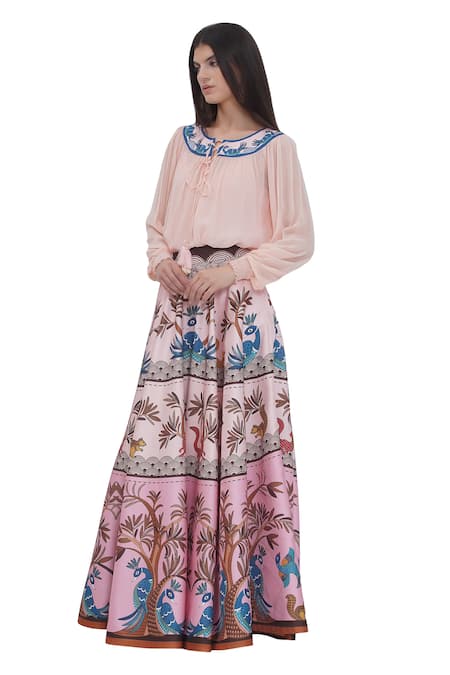 Limerick By Abirr N' Nanki_Blush Georgette, Satin Embroidery Round Neck Multicolor Scallop Textured Top _Online_at_Aza_Fashions
