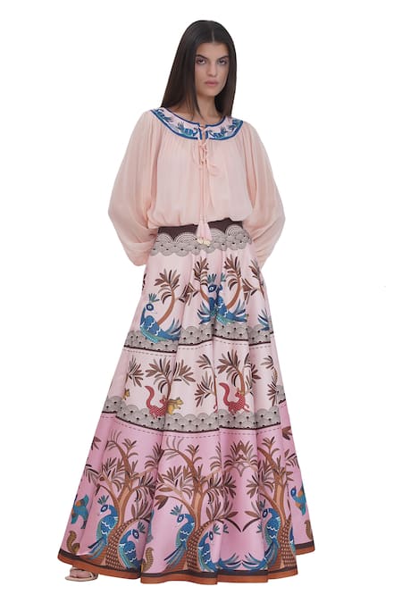 Buy_Limerick By Abirr N' Nanki_Blush Georgette, Satin Embroidery Round Neck Multicolor Scallop Textured Top _Online_at_Aza_Fashions