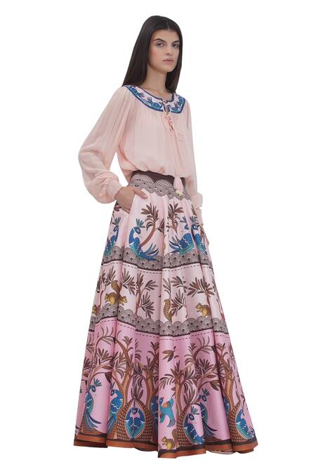 Shop_Limerick By Abirr N' Nanki_Blush Georgette, Satin Embroidery Round Neck Multicolor Scallop Textured Top _Online_at_Aza_Fashions