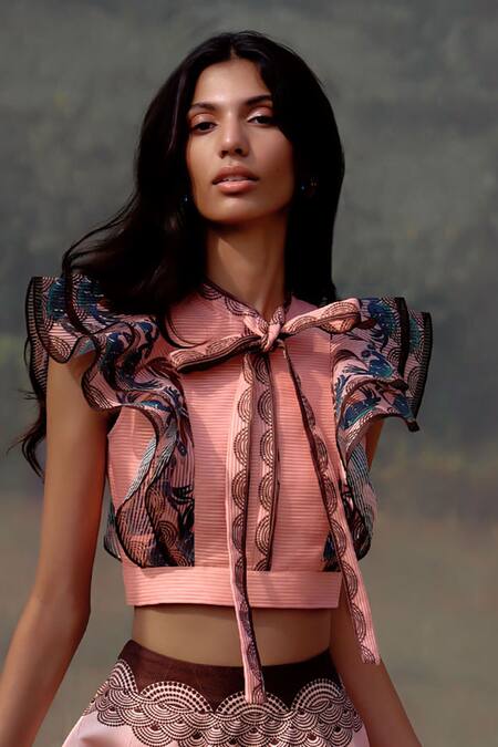 Limerick By Abirr N' Nanki_Multi Color Organza Embroidery Round Neck Fitted Designer Crop Top _Online_at_Aza_Fashions