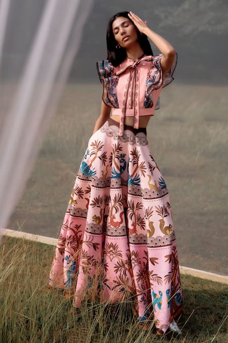 Shop_Limerick By Abirr N' Nanki_Multi Color Organza Embroidery Round Neck Fitted Designer Crop Top _at_Aza_Fashions