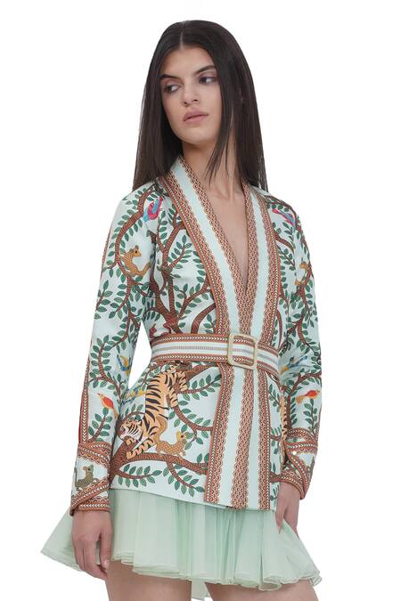 Limerick By Abirr N' Nanki_Multi Color Satin Embroidery V-neck Multicolor Scallop Textured Jacket _Online_at_Aza_Fashions