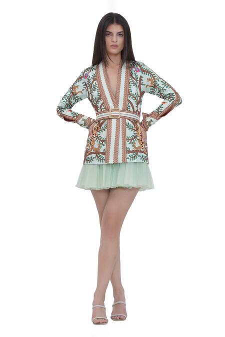 Buy_Limerick By Abirr N' Nanki_Multi Color Satin Embroidery V-neck Multicolor Scallop Textured Jacket _Online_at_Aza_Fashions