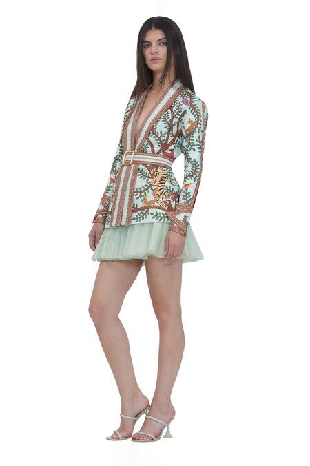 Shop_Limerick By Abirr N' Nanki_Multi Color Satin Embroidery V-neck Multicolor Scallop Textured Jacket _Online_at_Aza_Fashions