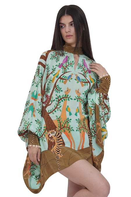 Shop_Limerick By Abirr N' Nanki_Multi Color Crepe Keyhole Neck Multicolor Printed Designer Dress _Online_at_Aza_Fashions