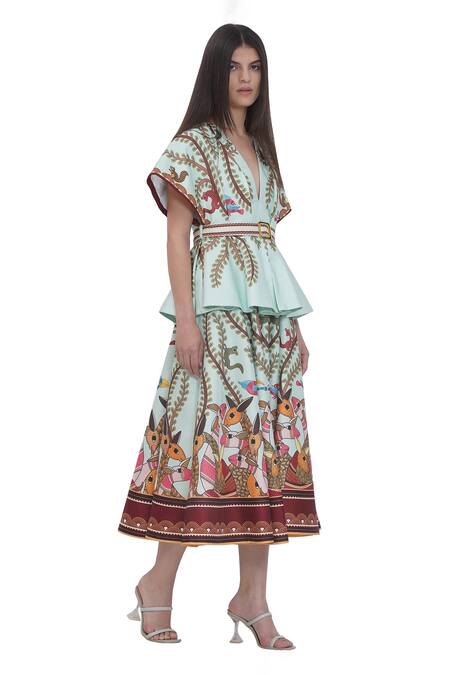 Limerick By Abirr N' Nanki_Multi Color Satin Buckles V-neck Peplum Top With Printed Skirt _Online_at_Aza_Fashions