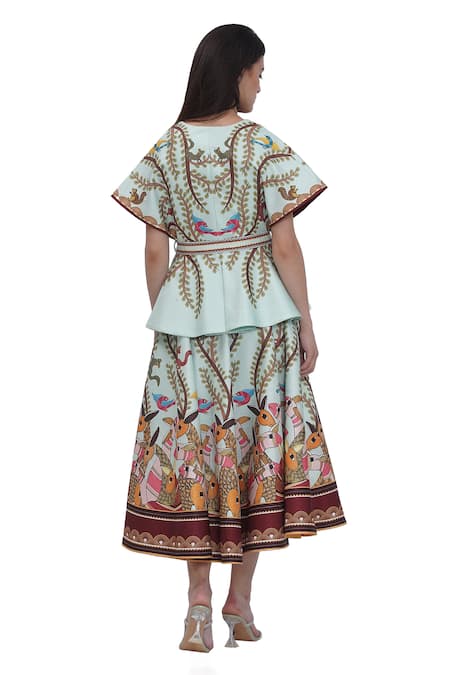 Shop_Limerick By Abirr N' Nanki_Multi Color Satin Buckles V-neck Peplum Top With Printed Skirt _at_Aza_Fashions