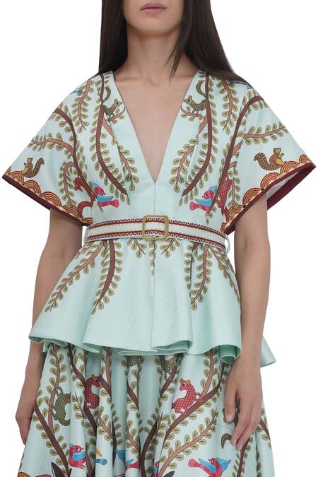 Buy_Limerick By Abirr N' Nanki_Multi Color Satin Buckles V-neck Peplum Top With Printed Skirt _Online_at_Aza_Fashions