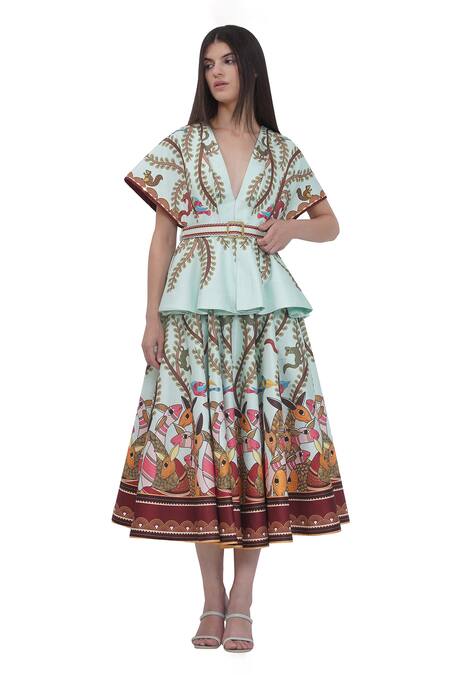 Shop_Limerick By Abirr N' Nanki_Multi Color Satin Buckles V-neck Peplum Top With Printed Skirt _Online_at_Aza_Fashions