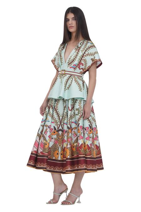 Shop_Limerick By Abirr N' Nanki_Multi Color Satin Multicolor Scallop Textured Midi Skirt _Online_at_Aza_Fashions