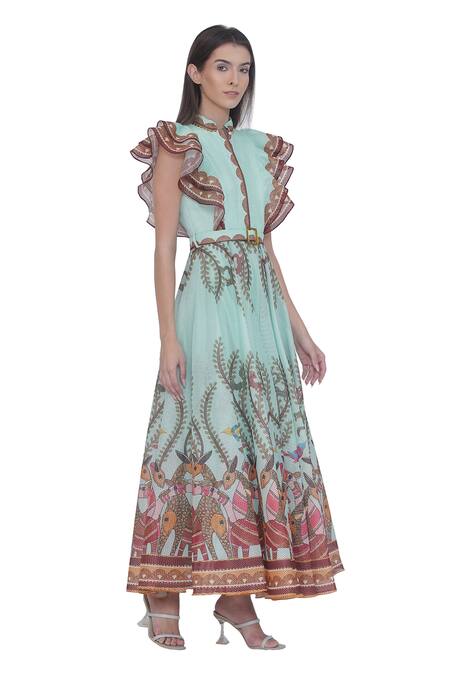 Limerick By Abirr N' Nanki Multi Color Organza High Neck Multicolor Stripe Textured Maxi Dress Online at Aza Fashions Limerick By Abirr N' Nanki_Multi Color Organza High Neck Multicolor Stripe Textured Maxi Dress _Online_at_Aza_Fashions