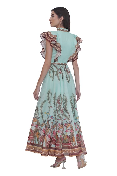 Shop Limerick By Abirr N' Nanki Multi Color Organza High Neck Multicolor Stripe Textured Maxi Dress at Aza Fashions Shop_Limerick By Abirr N' Nanki_Multi Color Organza High Neck Multicolor Stripe Textured Maxi Dress _at_Aza_Fashions