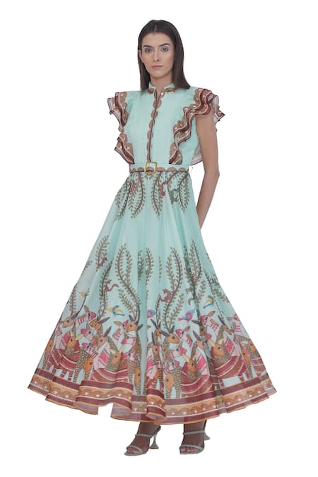 Shop Limerick By Abirr N' Nanki Multi Color Organza High Neck Multicolor Stripe Textured Maxi Dress Online at Aza Fashions Shop_Limerick By Abirr N' Nanki_Multi Color Organza High Neck Multicolor Stripe Textured Maxi Dress _Online_at_Aza_Fashions