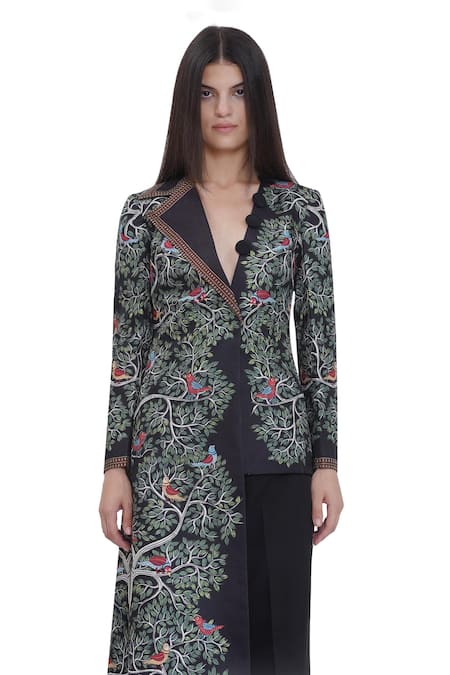 Limerick By Abirr N' Nanki_Black Satin Embroidery V-neck Scallop Textured Jacket _Online_at_Aza_Fashions