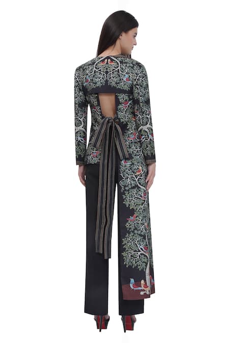 Shop_Limerick By Abirr N' Nanki_Black Satin Embroidery V-neck Scallop Textured Jacket _at_Aza_Fashions