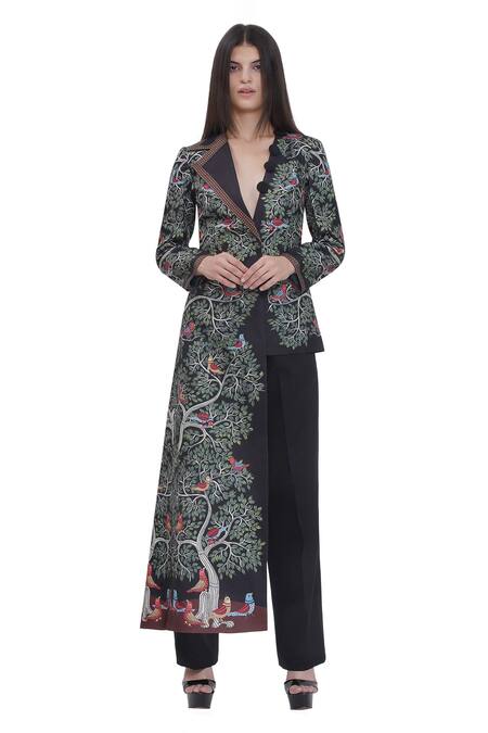 Buy_Limerick By Abirr N' Nanki_Black Satin Embroidery V-neck Scallop Textured Jacket _Online_at_Aza_Fashions