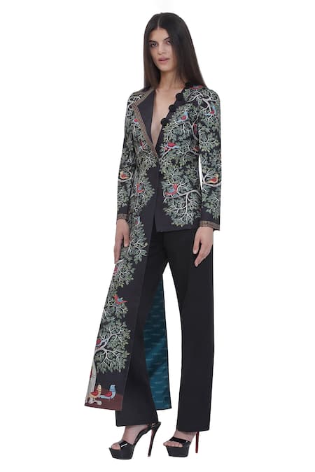 Shop_Limerick By Abirr N' Nanki_Black Satin Embroidery V-neck Scallop Textured Jacket _Online_at_Aza_Fashions