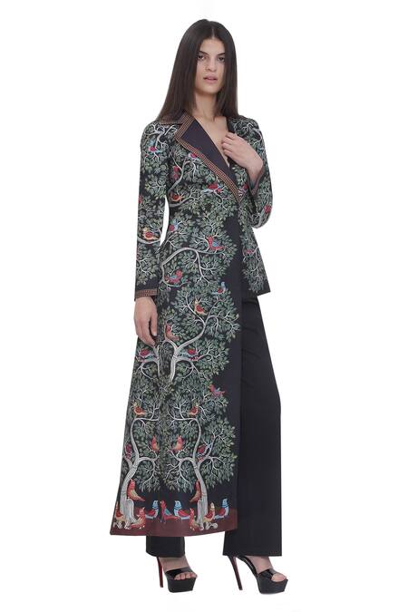 Limerick By Abirr N' Nanki_Black Satin Embroidery V-neck Scallop Textured Jacket _at_Aza_Fashions