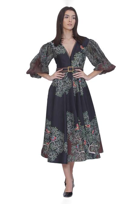 Limerick By Abirr N' Nanki Black Satin, Organza V-neck Scallop Textured Midi Dress And Belt Online at Aza Fashions Limerick By Abirr N' Nanki_Black Satin, Organza V-neck Scallop Textured Midi Dress And Belt _Online_at_Aza_Fashions