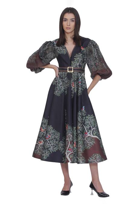 Buy Limerick By Abirr N' Nanki Black Satin, Organza V-neck Scallop Textured Midi Dress And Belt Online at Aza Fashions Buy_Limerick By Abirr N' Nanki_Black Satin, Organza V-neck Scallop Textured Midi Dress And Belt _Online_at_Aza_Fashions