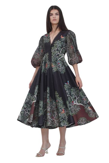 Limerick By Abirr N' Nanki Black Satin, Organza V-neck Scallop Textured Midi Dress And Belt at Aza Fashions Limerick By Abirr N' Nanki_Black Satin, Organza V-neck Scallop Textured Midi Dress And Belt _at_Aza_Fashions