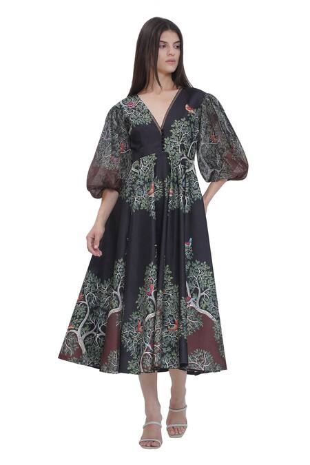 Buy Limerick By Abirr N' Nanki Black Satin, Organza V-neck Scallop Textured Midi Dress And Belt Buy_Limerick By Abirr N' Nanki_Black Satin, Organza V-neck Scallop Textured Midi Dress And Belt