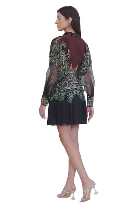 Shop_Limerick By Abirr N' Nanki_Black Crepe, Organza Embroidery Collared And Dress _at_Aza_Fashions