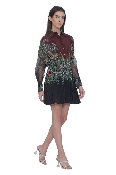 Limerick By Abirr N' Nanki_Black Crepe, Organza Embroidery Collared And Dress _Online_at_Aza_Fashions